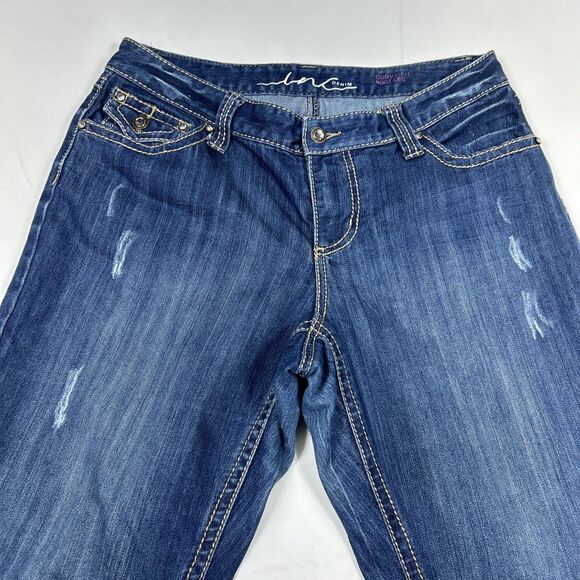 INC Curvy Fit Boot Leg Women's 10 Long Dark Wash Blue Denim Jeans Distressed - Picture 2 of 14